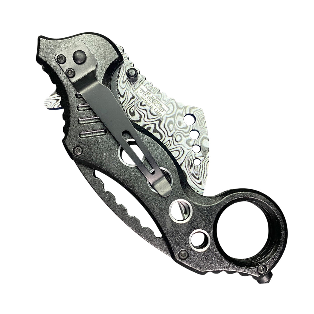 7.5" Black Aluminum Handle Damascus Pattern Blade Karambit Spring Assisted Folding Knife