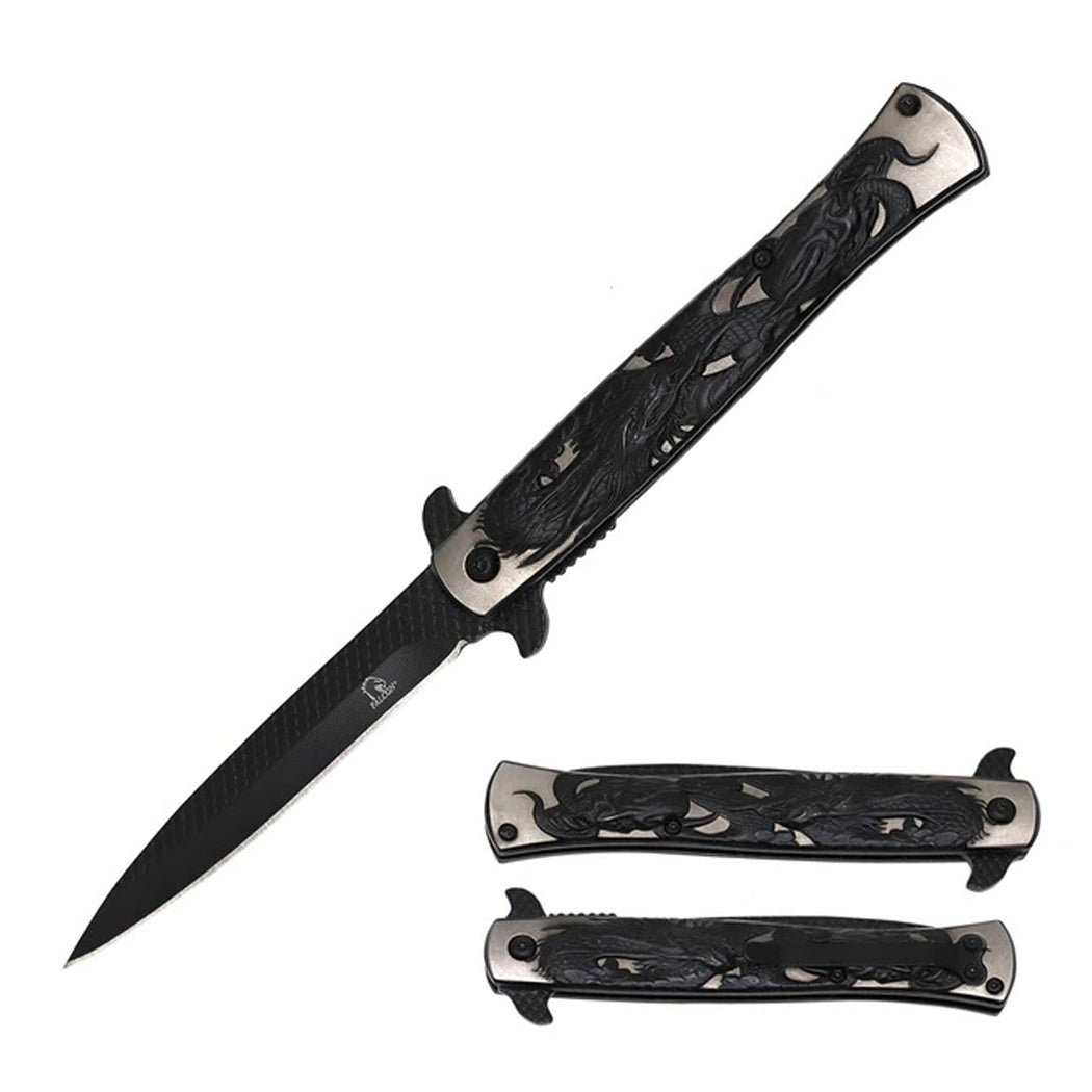 9" Black Titanium Coated Dragon Engraved Handle Spring Assisted Folding Knife With Clip