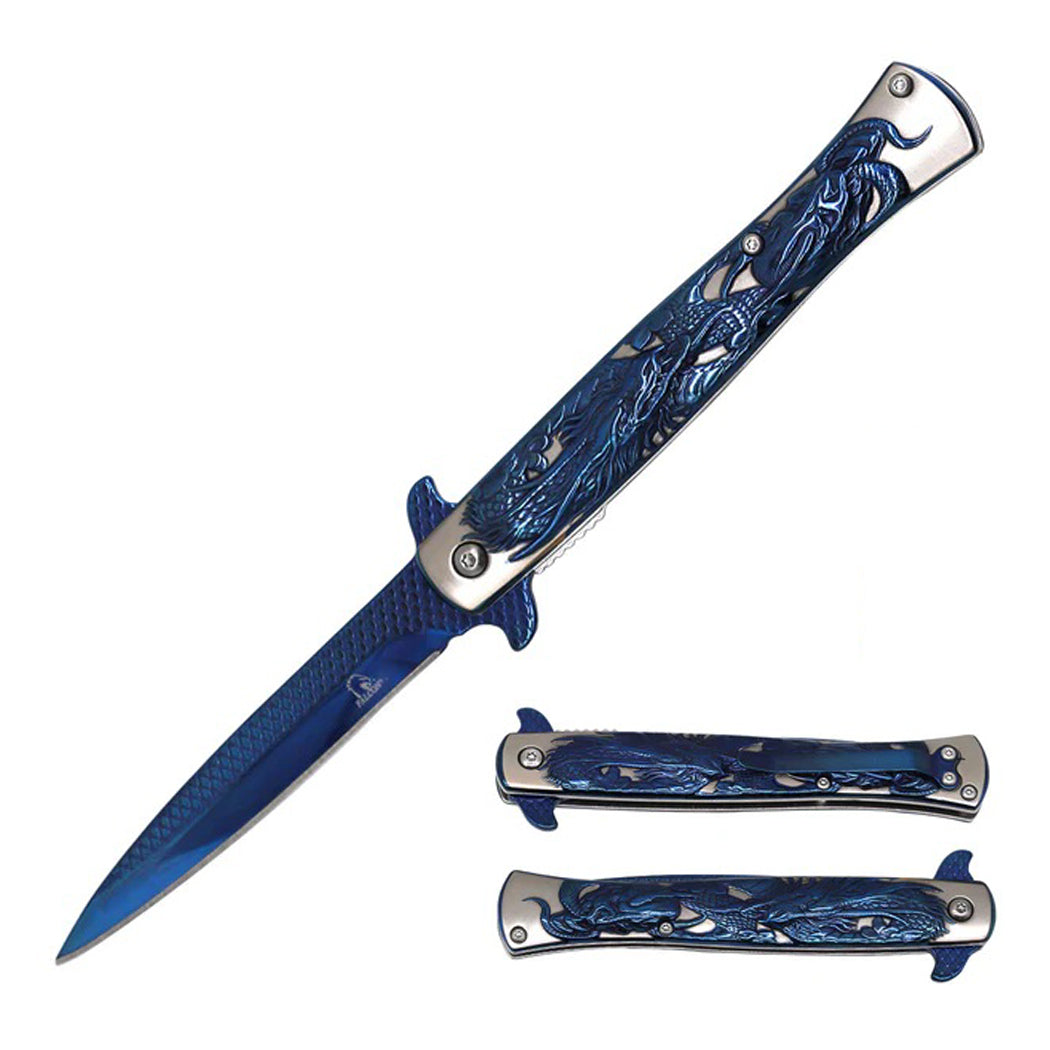 9" Blue Titanium Coated Dragon Engraved Handle Spring Assisted Folding Knife With Clip