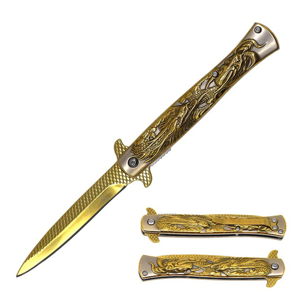 9" Gold Titanium Coated Dragon Engraved Handle Spring Assisted Folding Knife With Clip
