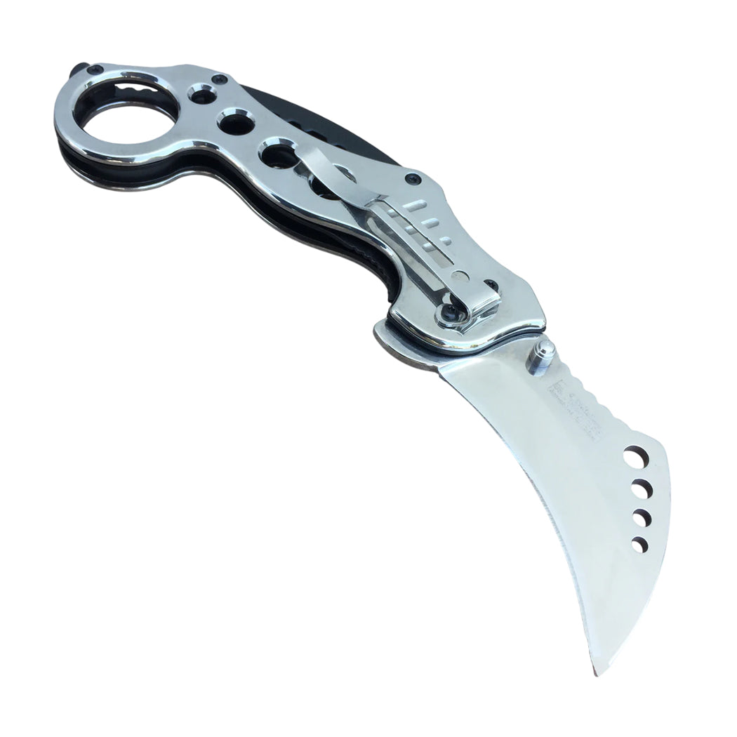 7.5" Chrome Silver Karambit Spring Assisted Tactical Folding Knife With Belt Clip