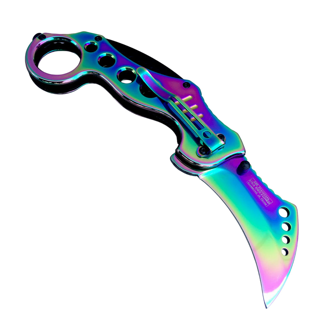 7.5" Rainbow Color Karambit Spring Assisted Tactical Folding Knife With Belt Clip