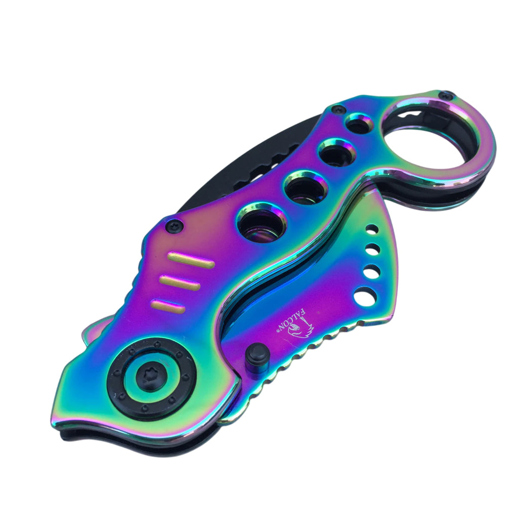 7.5" Rainbow Color Karambit Spring Assisted Tactical Folding Knife With Belt Clip