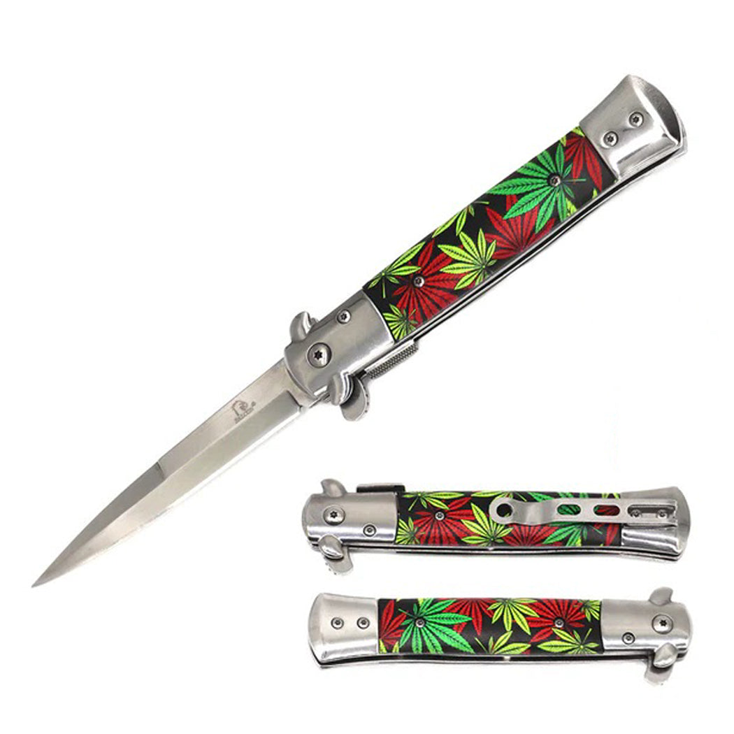 8" Silver Blade Marijuana Design Handle Spring Assisted Folding Knife With Clip