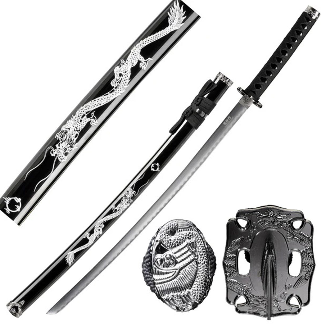 39.5" Dragon Print Design Black Scabbard Carbon Steel Blade Samurai Sword With Stand