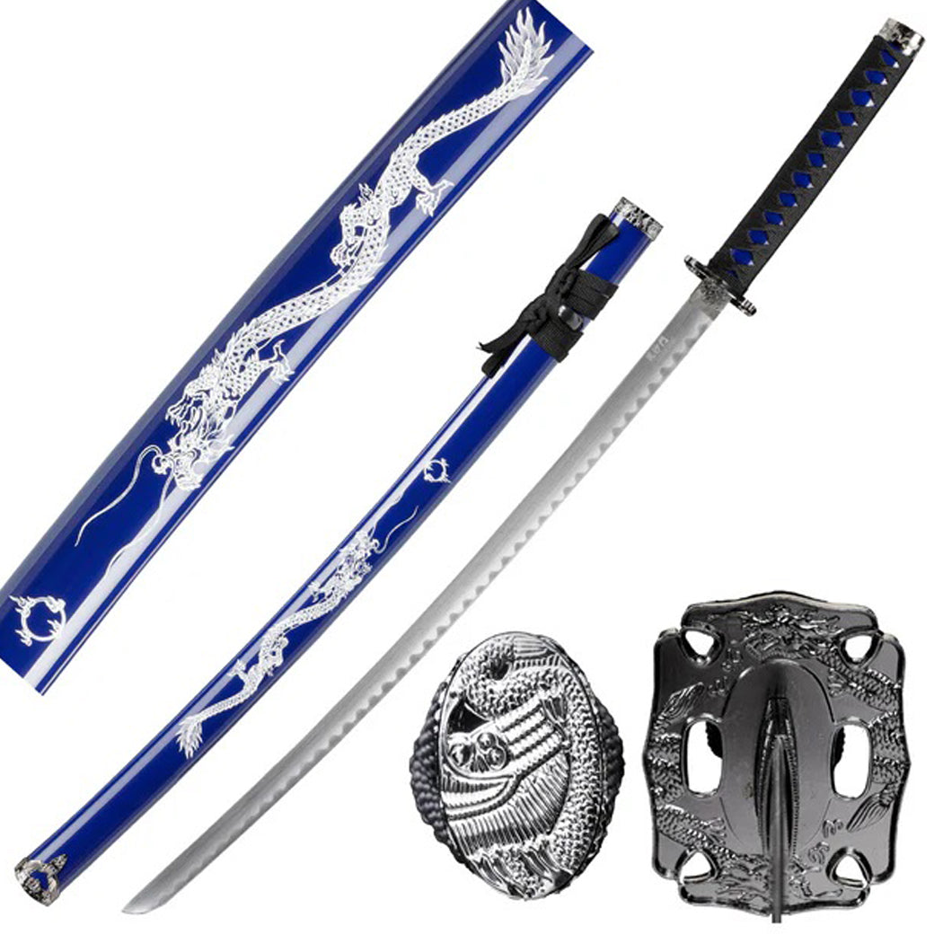 39.5" Dragon Print Design Blue Scabbard Carbon Steel Blade Samurai Sword With Stand