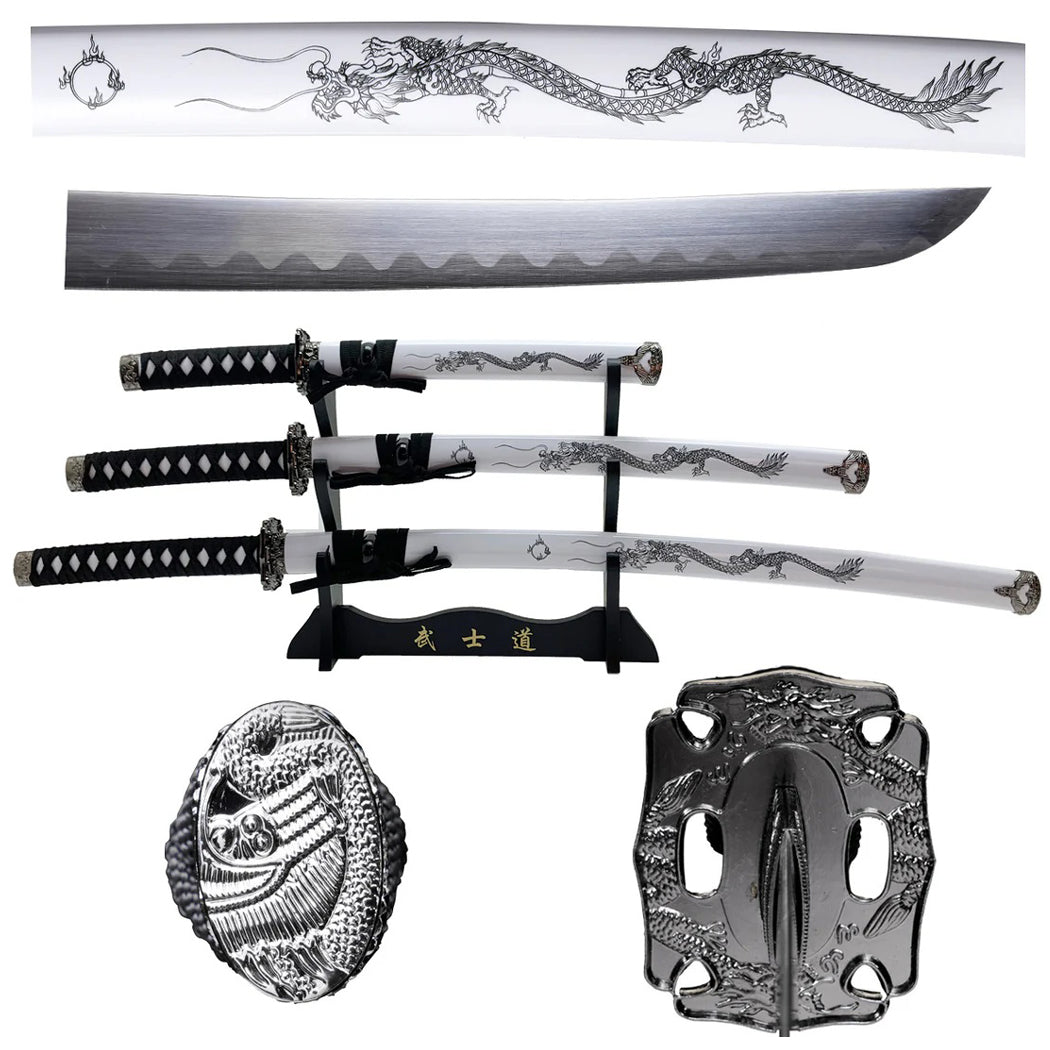 39.5" White Dragon Print Design Corbon Steel Blades Samurai Sword 3Pcs Set With Stand