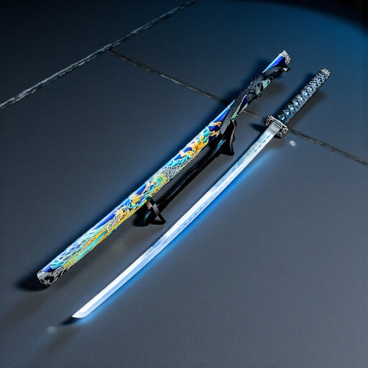 40" Blue Dragon Design Japanese Samurai Katana Sword With Display Stand