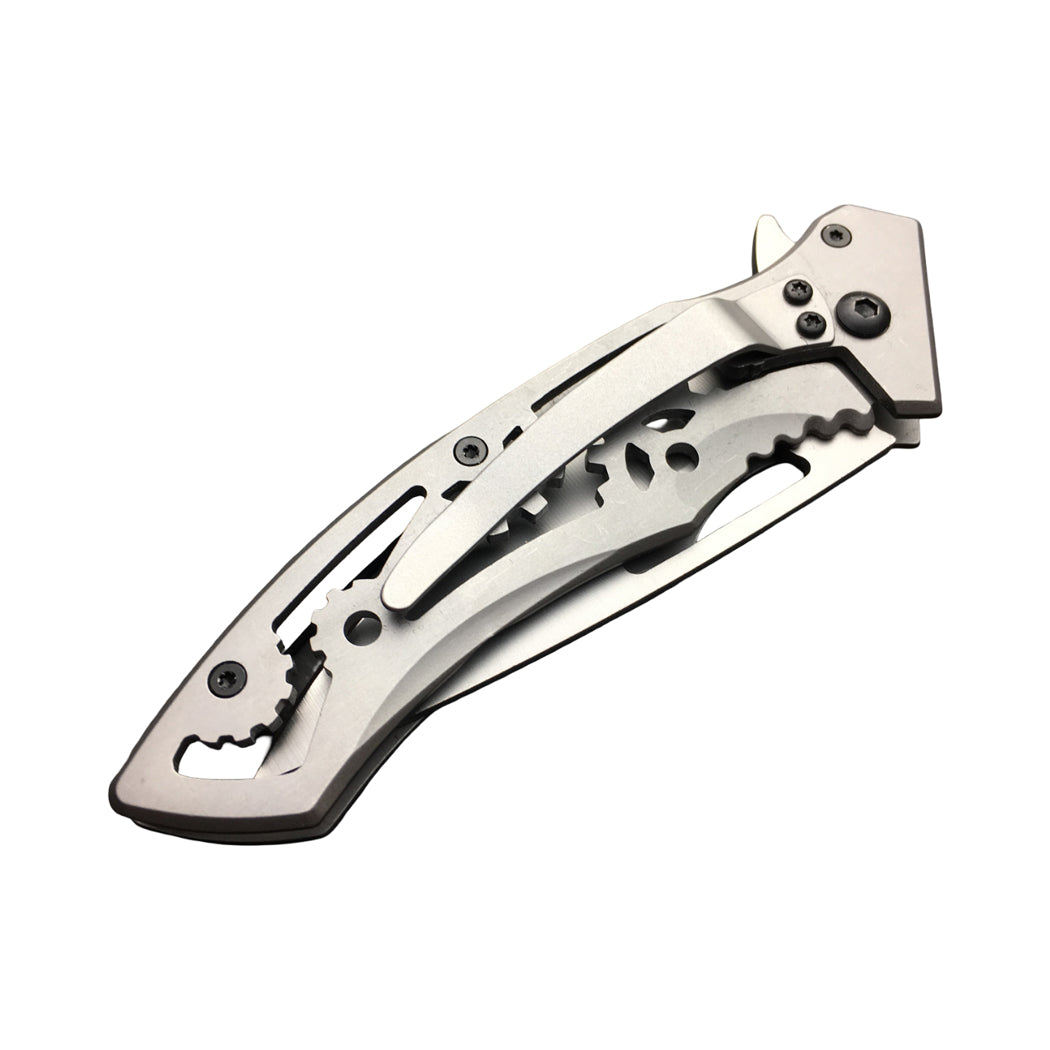 7.75" Steampunk Style Stainless Steel Tactical Silver Folding Pocket Knife With Clip
