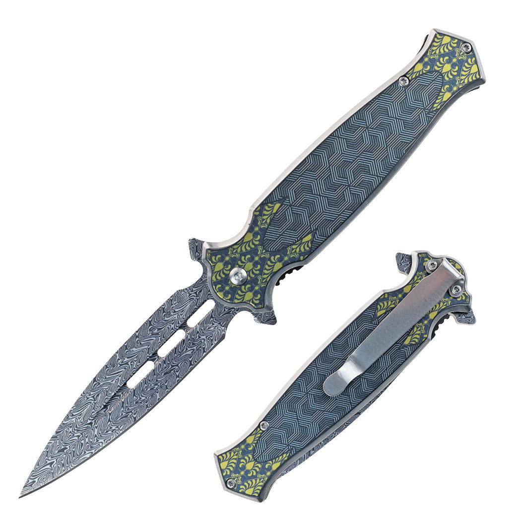 8.25" UV Printed Graphic Stainless Steel Handle Folding Knife With Belt Clip