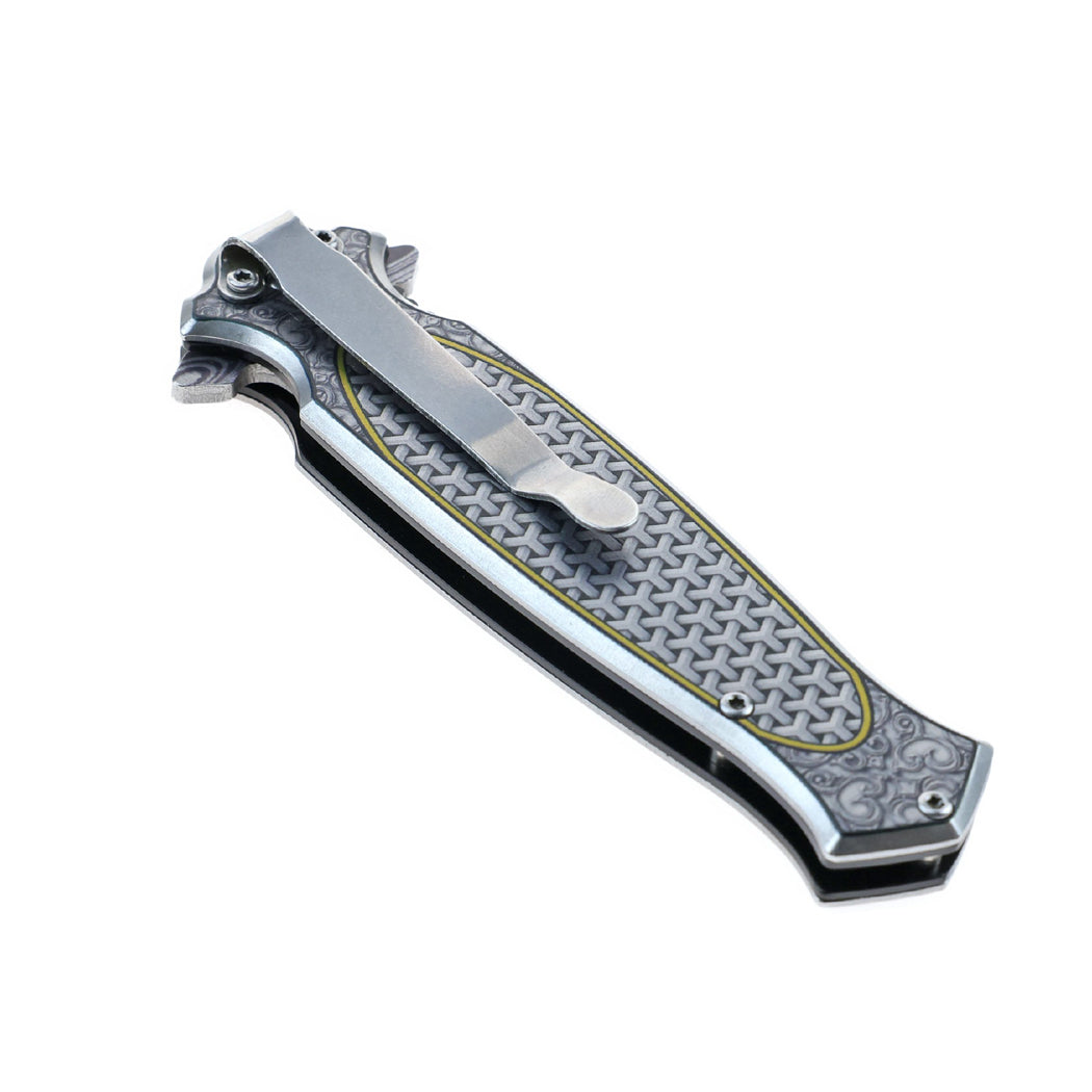 8.25" Grey UV Printed Graphic Folding Knife Stainless Steel Handle With Belt Clip