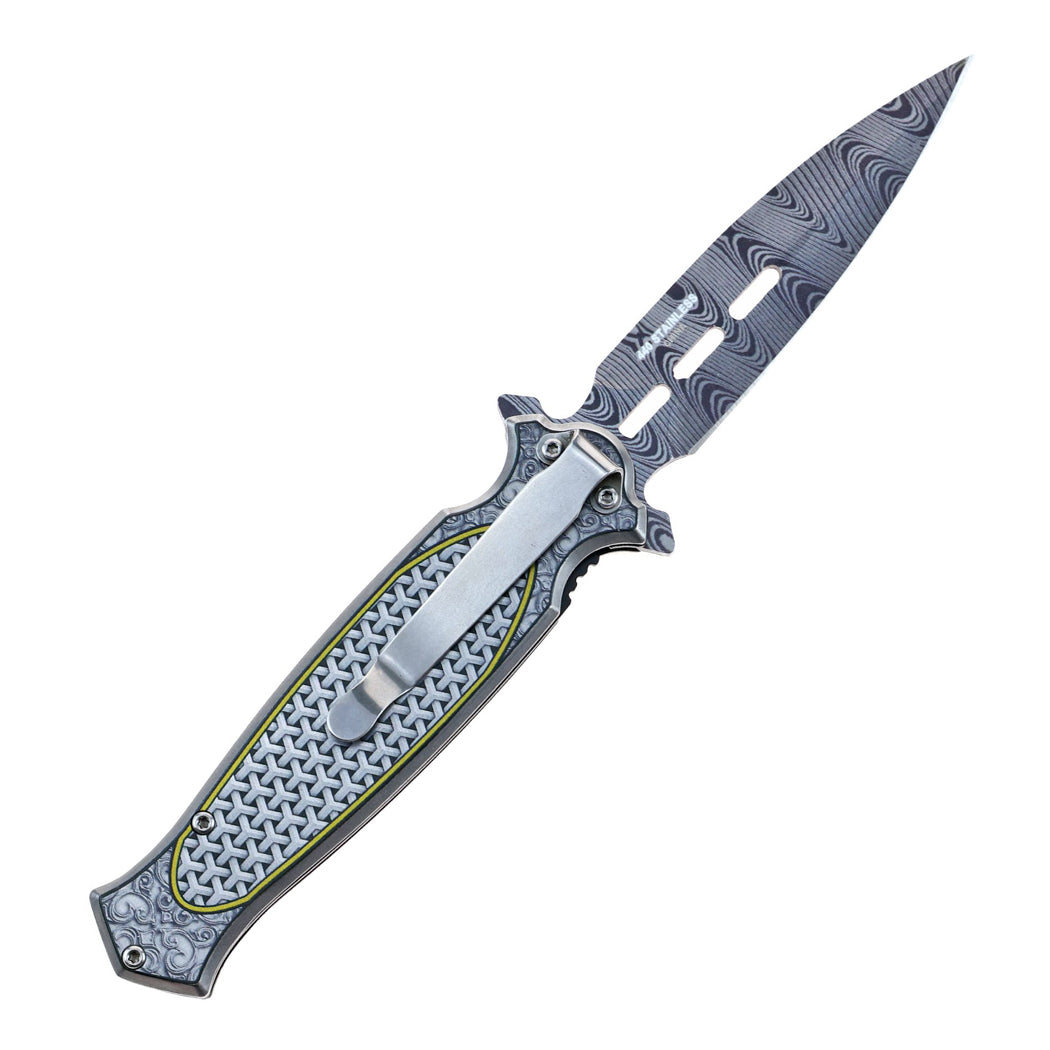 8.25" Grey UV Printed Graphic Folding Knife Stainless Steel Handle With Belt Clip