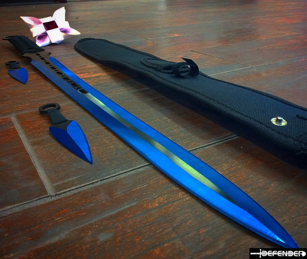 27'' Ninja Sword Machetes Full Tang 2 Tone Blade With 2 Throwing Knives 7" Blue