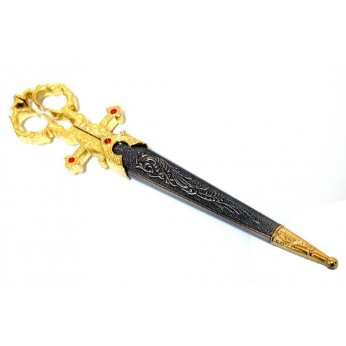Defender 10.5" Renaissance Scissors Dagger Gold Color Handle with Sheath