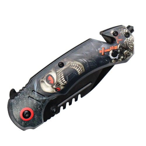 Defender-Xtreme 8" Death Design Handle Spring Assisted Folding Knife W/ Belt Cutter