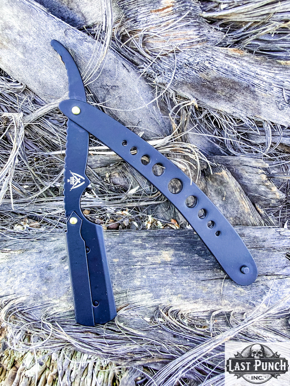 Professional All Black Barber Salon Ring Style Handle Throat Shaving Razor + 10 Stainless Steel Blades