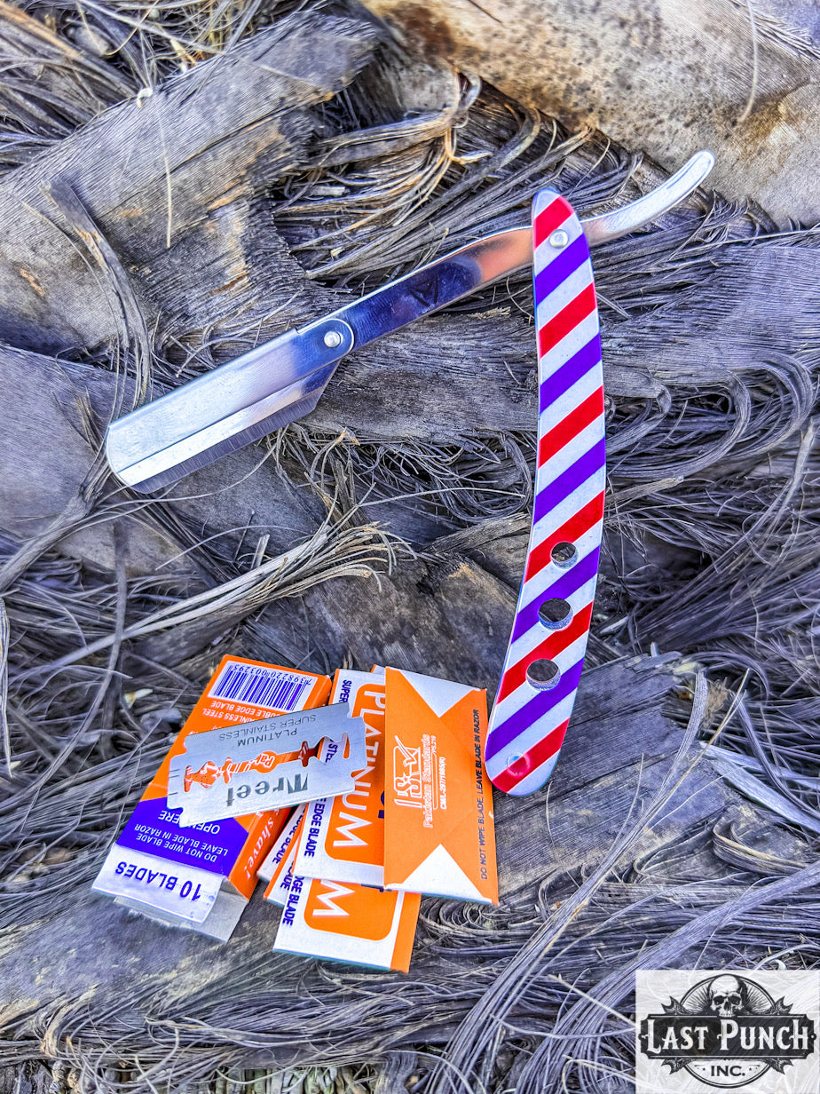 Professional Paper Coated Straight Cut Throat Barber Razor (White/Red/Blue) + 10 Stainless Steel Blades