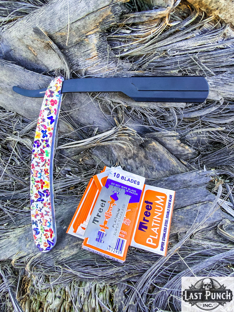Professional Butterfly Style Handle Straight Cut Throat Barber Razor + 10 Stainless Steel Blades 