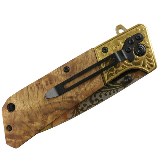 TheBone Edge 8.5" wood Handle Spring Assisted Folding Knife Stainless Steel 3CR13