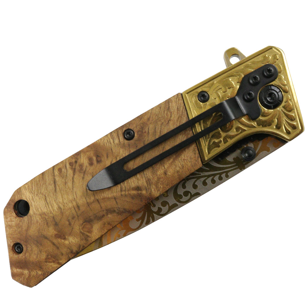 TheBone Edge 8.5" wood Handle Spring Assisted Folding Knife Stainless Steel 3CR13