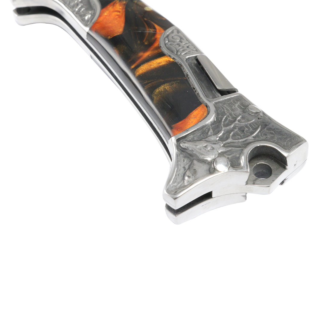 TheBoneEdge Hunter Blade Engraved Design Marble 9" Folding Knife 3CR13 Steel