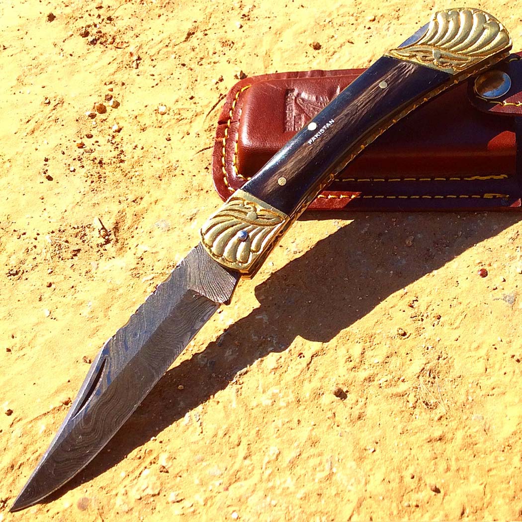 8.5" Damascus Blade Folding Knife Black Color Wood Handle hand made with Sheath