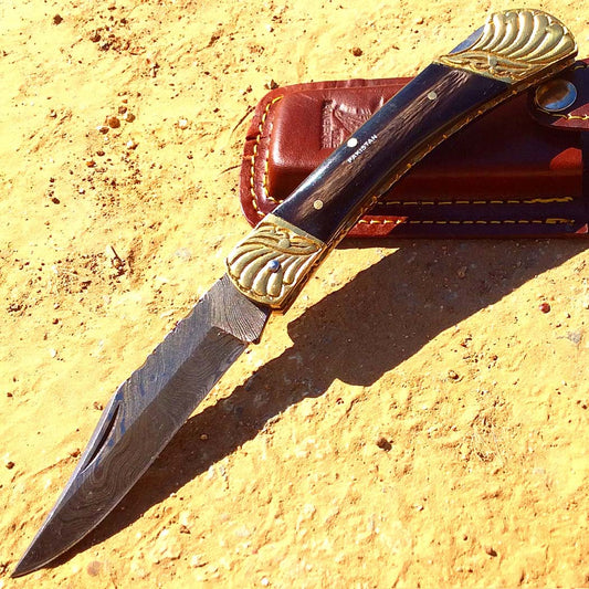 8.5" Damascus Blade Folding Knife Black Color Wood Handle hand made with Sheath