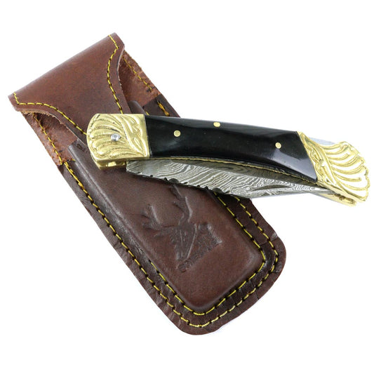 8.5" Damascus Blade Folding Knife Black Color Wood Handle hand made with Sheath