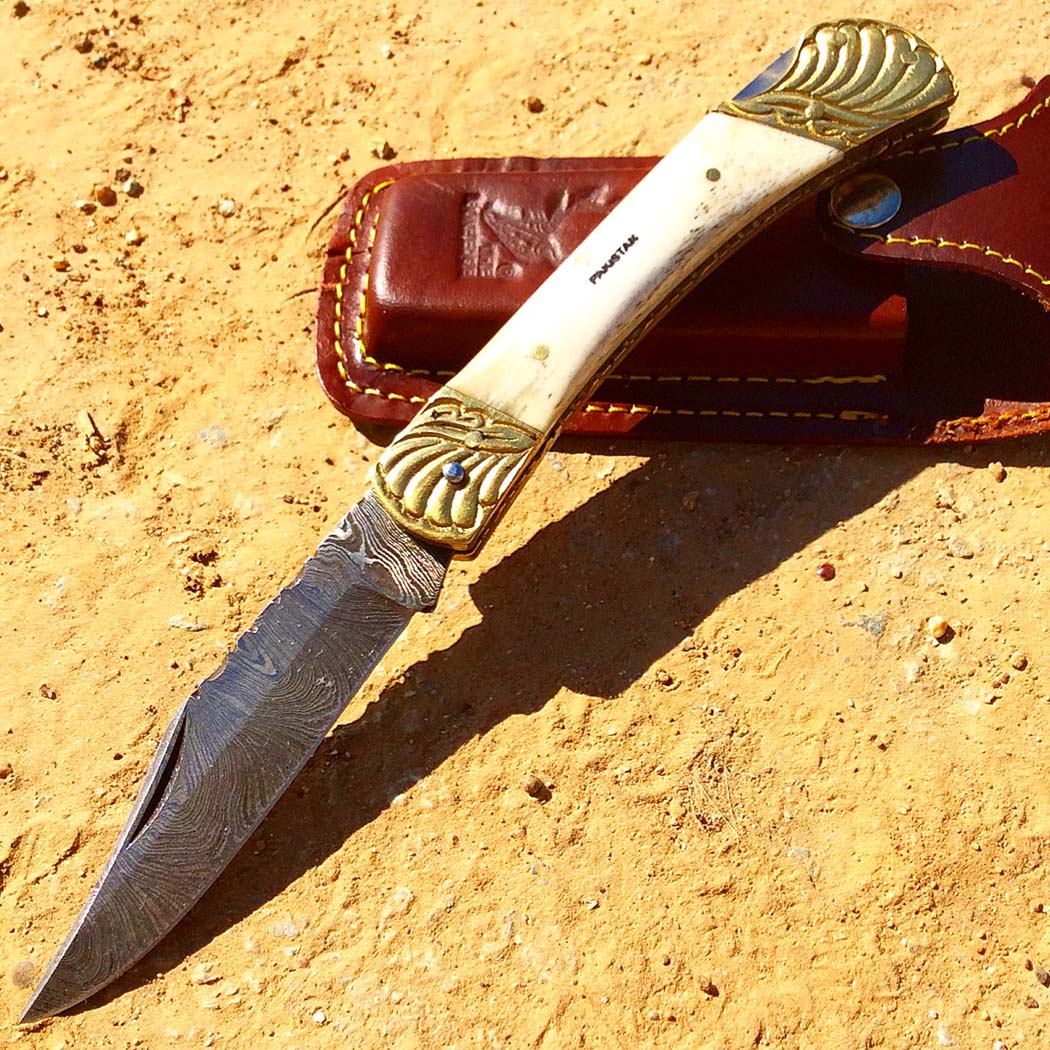8.5" Damascus Blade Folding Knife Pearl Style Handle hand made with Sheath