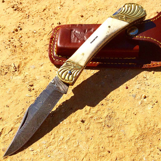 8.5" Damascus Blade Folding Knife Pearl Style Handle hand made with Sheath