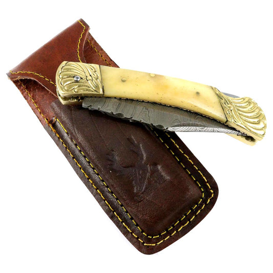 8.5" Damascus Blade Folding Knife Pearl Style Handle hand made with Sheath