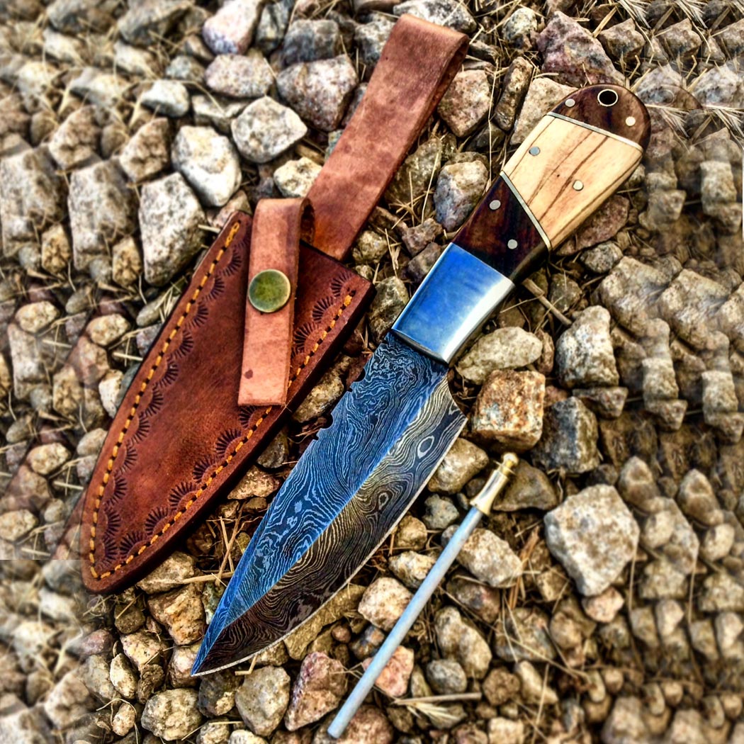 TheBoneEdge 9" Wood Handle Damascus Steel Hunting Knife With Leather Sheath