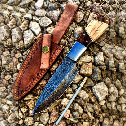 TheBoneEdge 9" Wood Handle Damascus Steel Hunting Knife With Leather Sheath