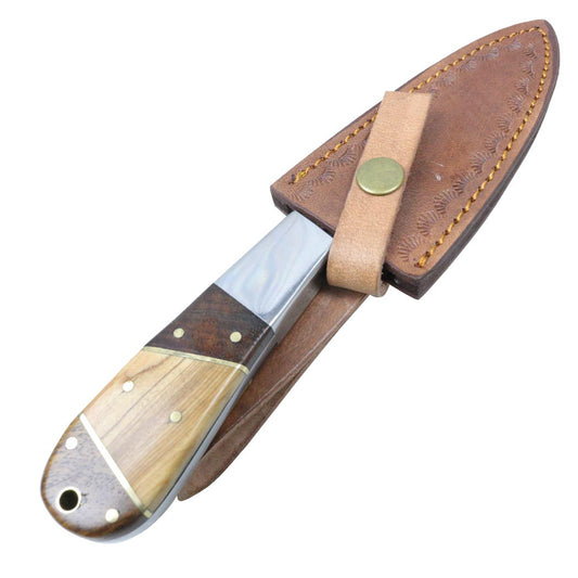 TheBoneEdge 9" Wood Handle Damascus Steel Hunting Knife With Leather Sheath