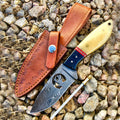 TheBoneEdge 9" Damascus Steel Blade Hunting Knife Horn Handle With Leather Sheath