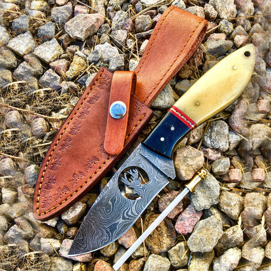 TheBoneEdge 9" Damascus Steel Blade Hunting Knife Horn Handle With Leather Sheath