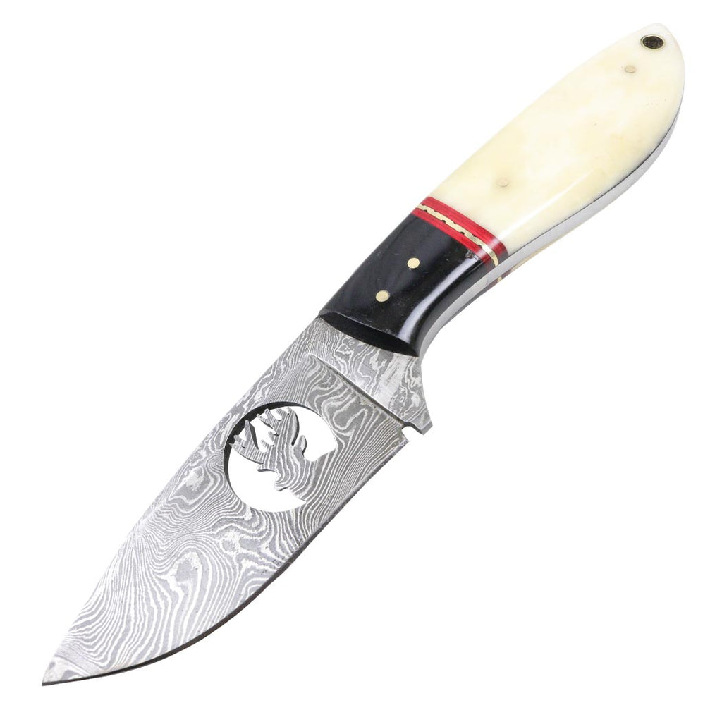 TheBoneEdge 9" Damascus Steel Blade Hunting Knife Horn Handle With Leather Sheath