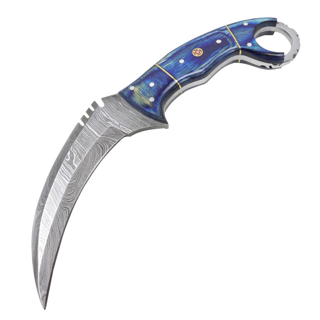 9.5 " Hunting Knife Damascus Forged Karambit Hunting Knife Pakka Wood Handle Leather Sheath