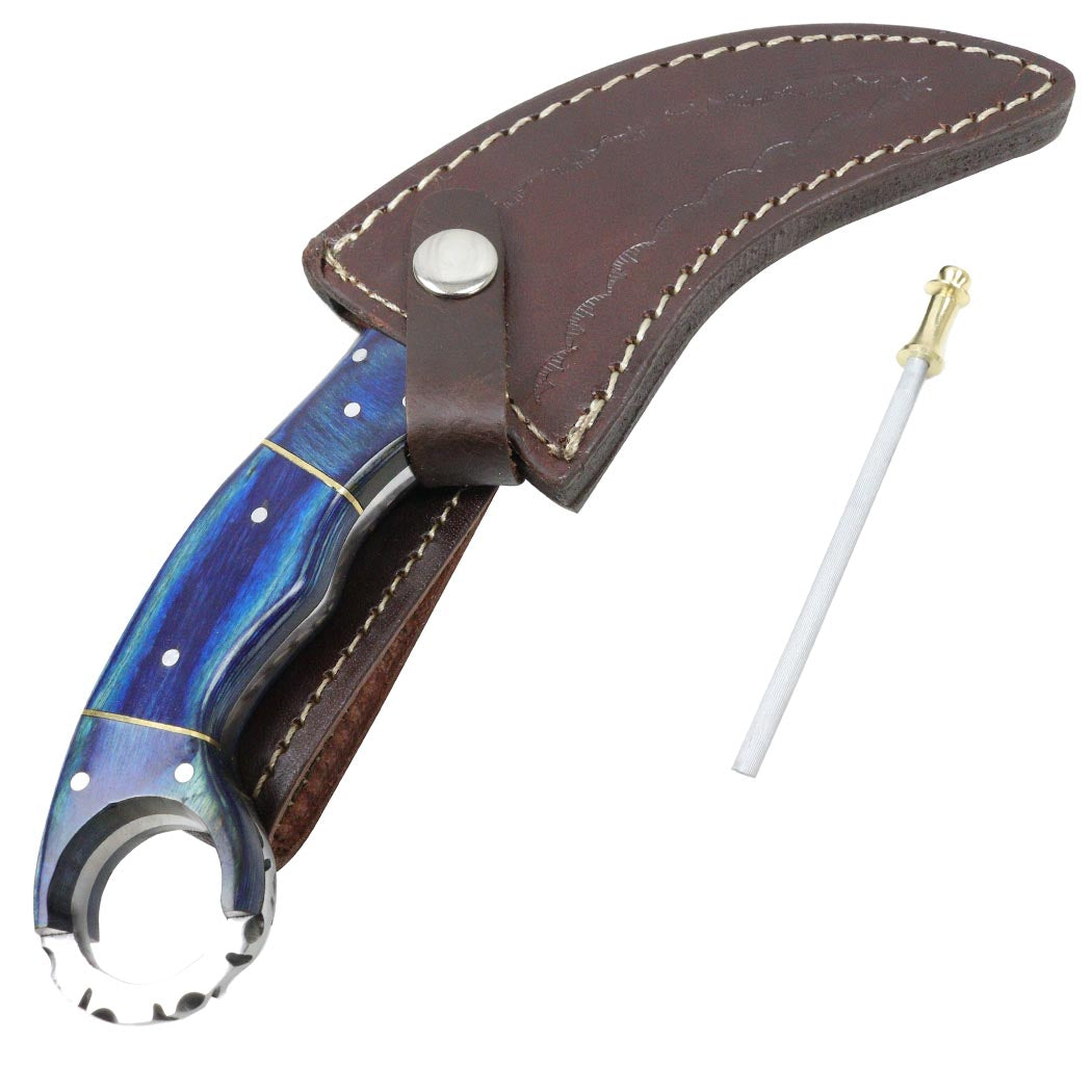9.5 " Hunting Knife Damascus Forged Karambit Hunting Knife Pakka Wood Handle Leather Sheath