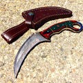 9.5" Hunting Knife Damascus Forged Karambit Hunting Knife Pakka Wood Handle Leather Sheath