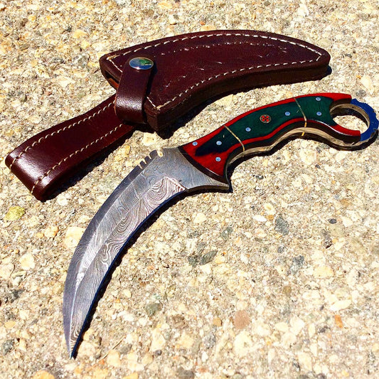 9.5" Hunting Knife Damascus Forged Karambit Hunting Knife Pakka Wood Handle Leather Sheath