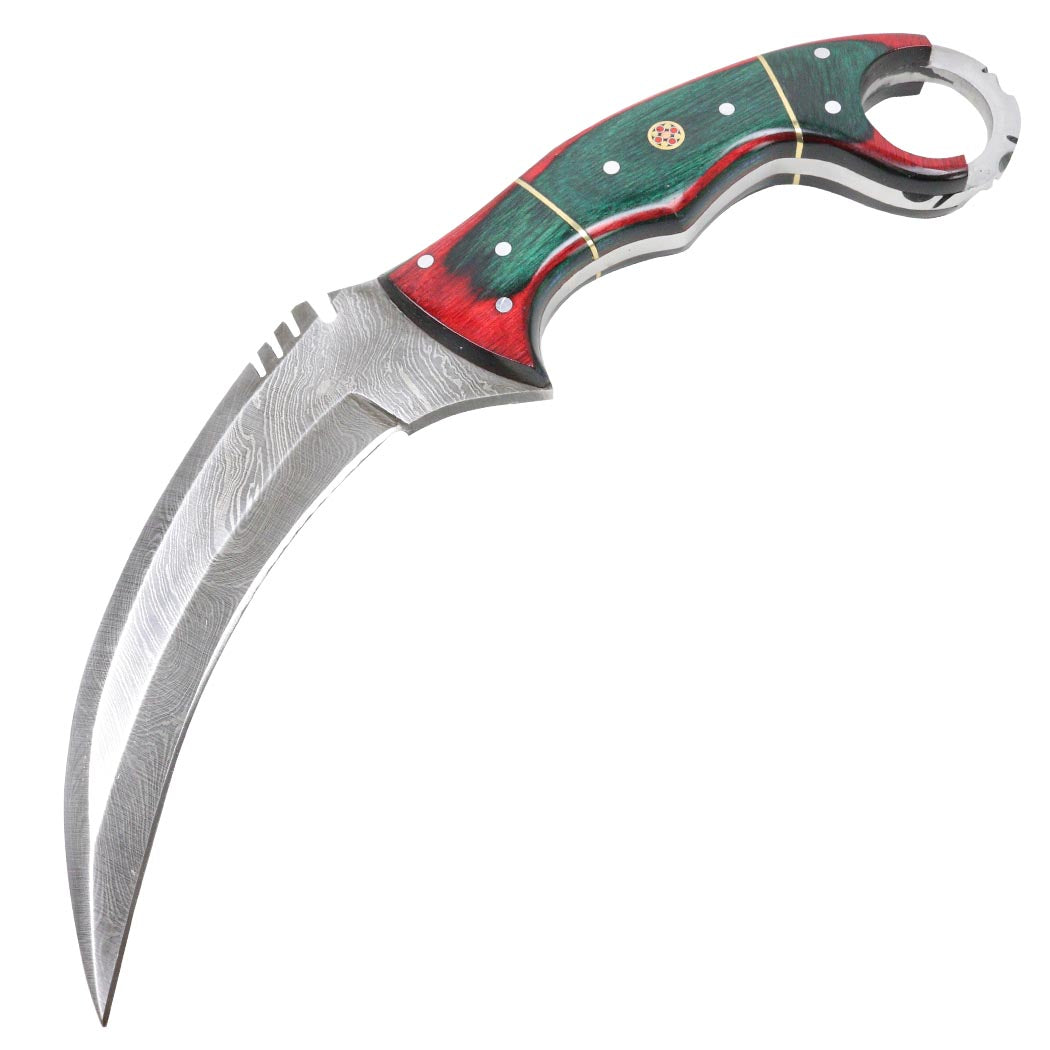 9.5" Hunting Knife Damascus Forged Karambit Hunting Knife Pakka Wood Handle Leather Sheath