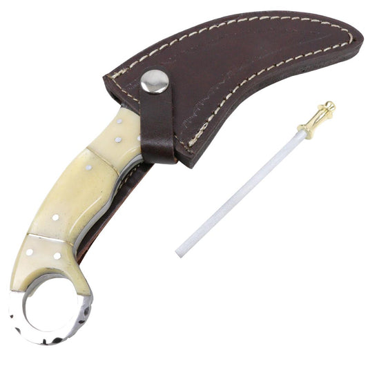 TheBoneEdge 8.5" Damascus Steel Hunting Knife Beautiful Handle With Leather Sheath