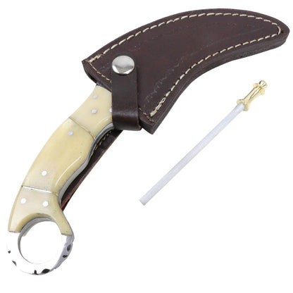 TheBoneEdge 8.5" Damascus Steel Hunting Knife Beautiful Handle With Leather Sheath