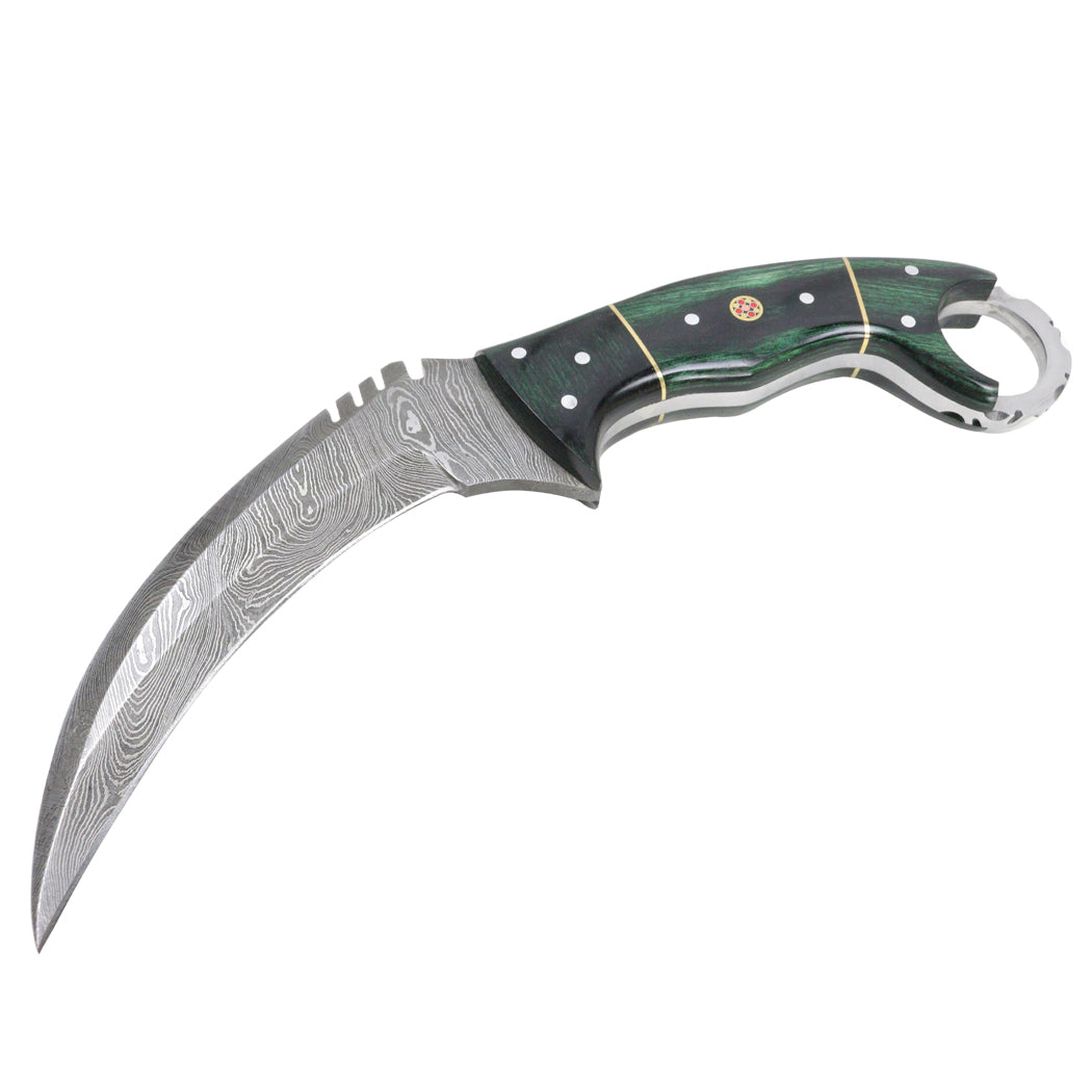 9.5 " Hunting Knife Damascus Forged Karambit Hunting Knife Pakka Wood Handle Leather Sheath