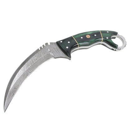 9.5 " Hunting Knife Damascus Forged Karambit Hunting Knife Pakka Wood Handle Leather Sheath