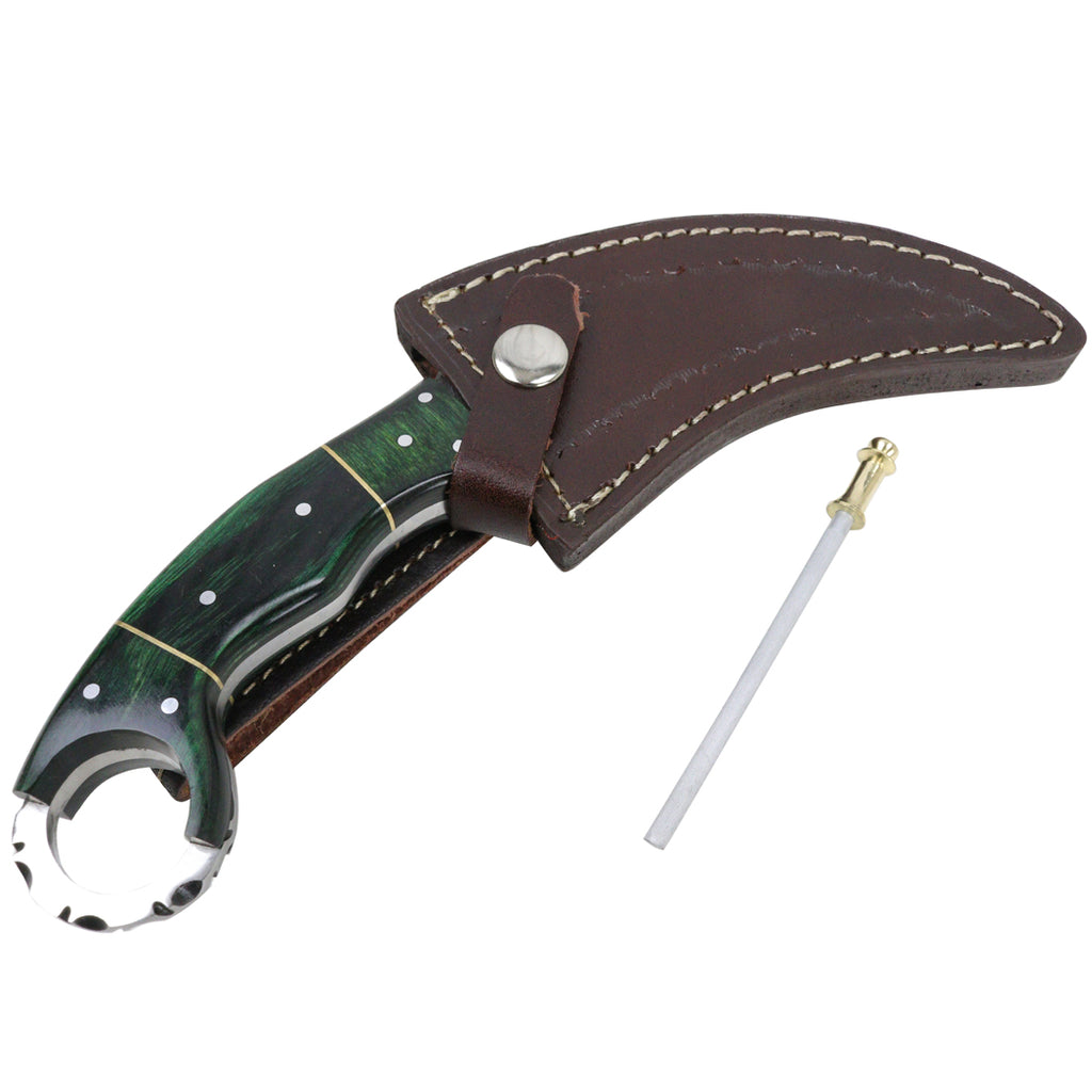 9.5 " Hunting Knife Damascus Forged Karambit Hunting Knife Pakka Wood Handle Leather Sheath