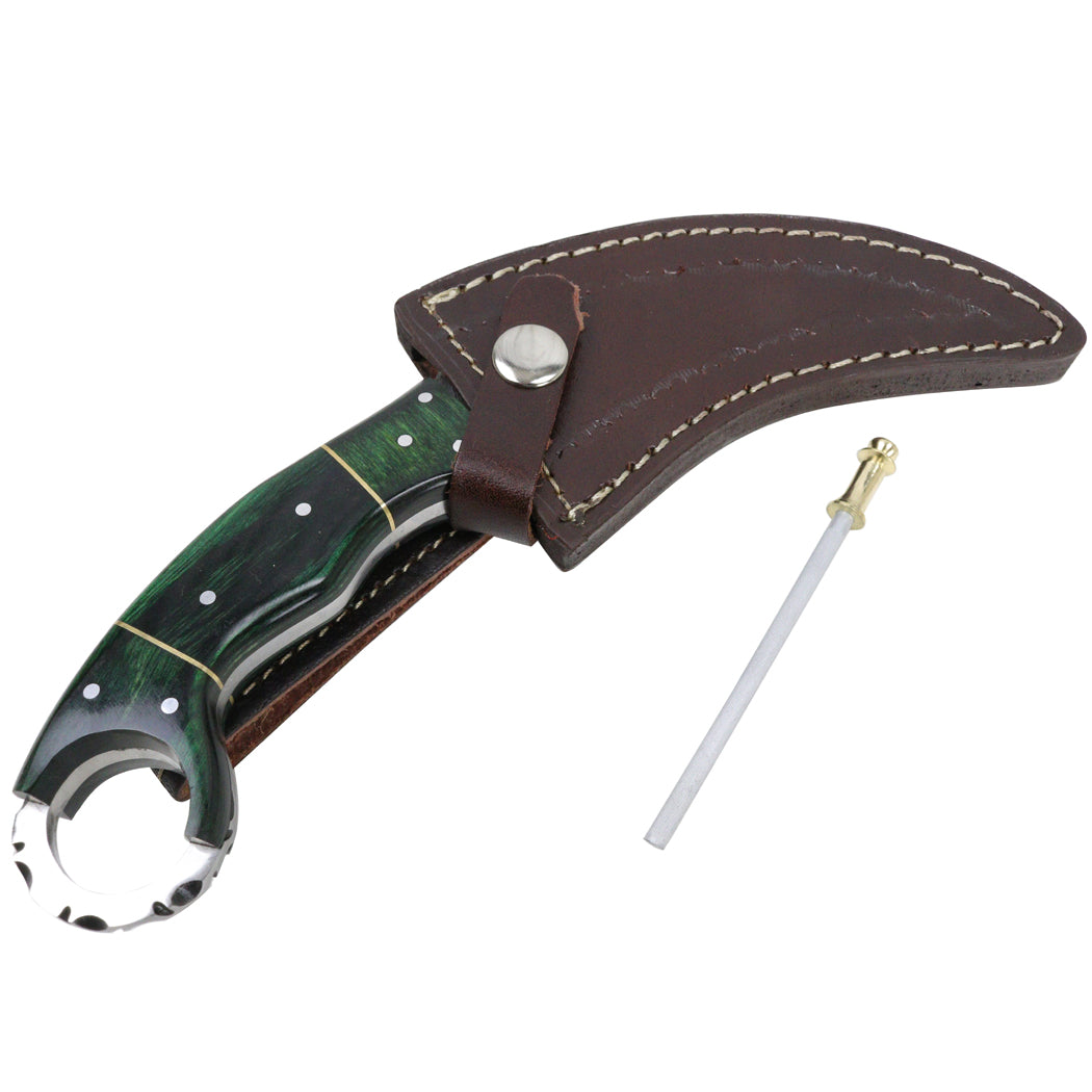 9.5 " Hunting Knife Damascus Forged Karambit Hunting Knife Pakka Wood Handle Leather Sheath