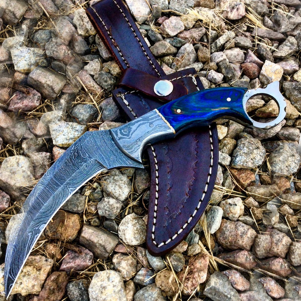 TheBoneEdge 9.5" Damascus Steel Hunting Knife Wood Handle With Leather Sheath