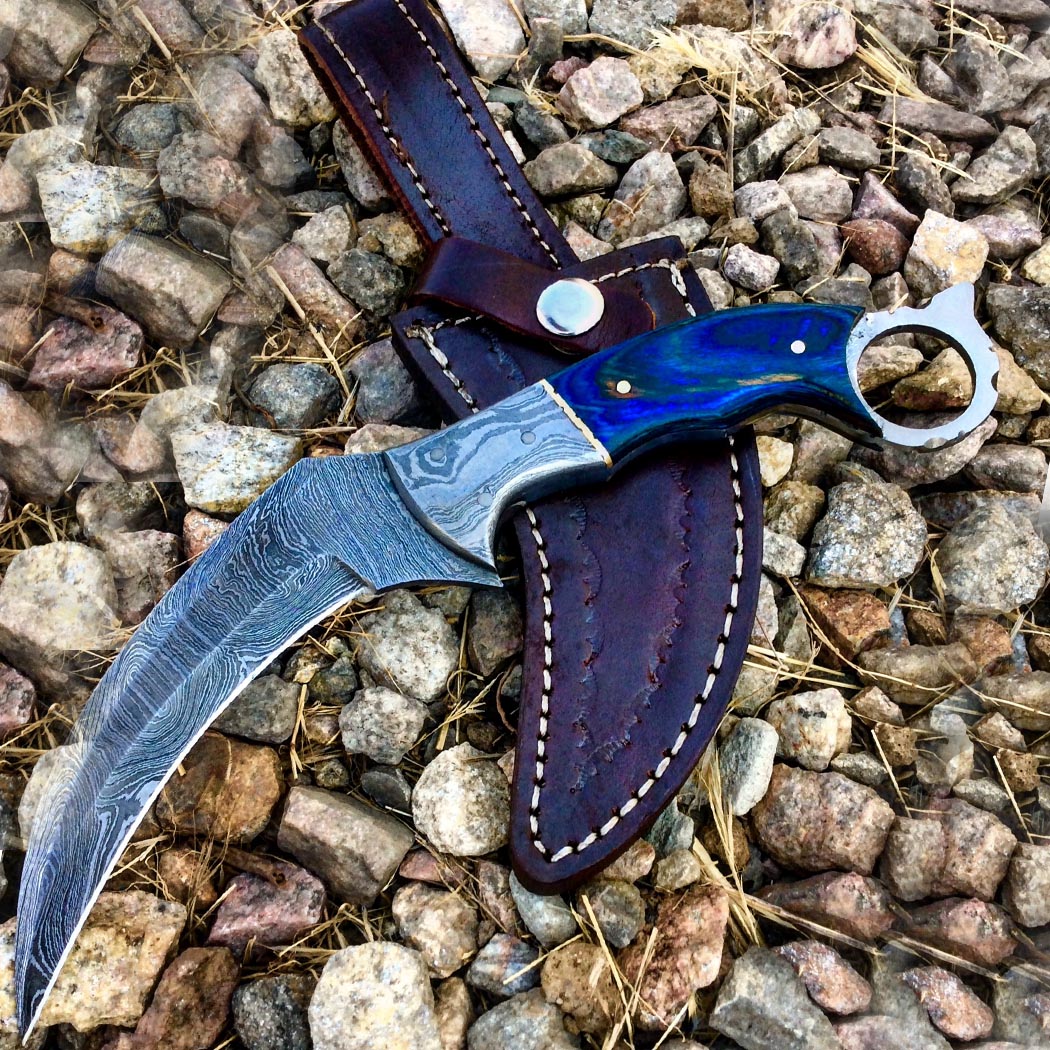 TheBoneEdge 9.5" Damascus Steel Hunting Knife Wood Handle With Leather Sheath